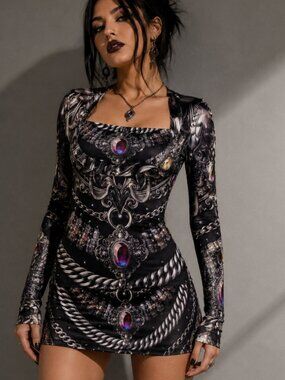 Gothic Angel Cotton Mini Dress Baroque Hooded Shirtdress, Bejeweled Silver XL